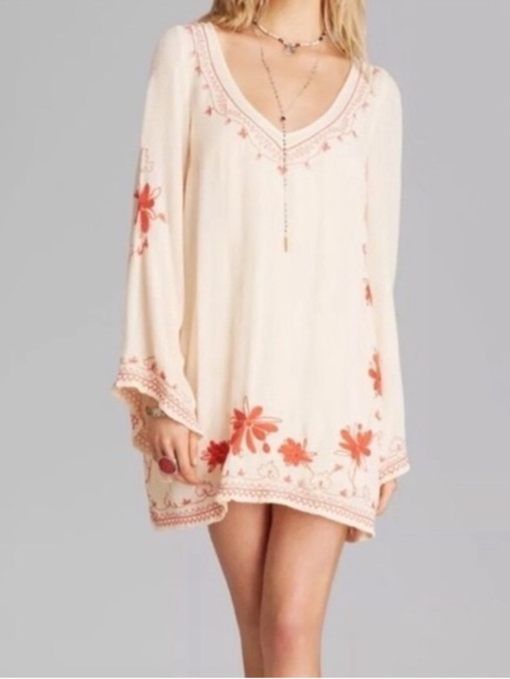 Free People Skyfall Cream Tunic Dress with Coral Floral Detail